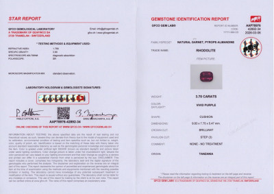 Certificate Rhodolith-granat kissenförmiger 3,70 karat, Tansania