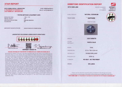 Certificate Lot #7. Unheated Pastel Blue sapphire in oval cut 3.02 carats, Sri Lanka