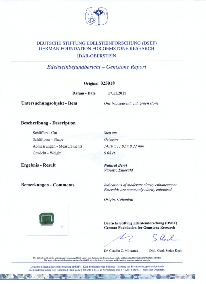 Certificate Large Colombian emerald 9.08 ct
