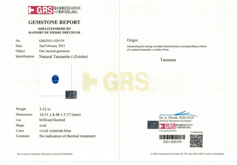 Certificate Bright natural tanzanite, oval cut, 3.52 ct, GRS