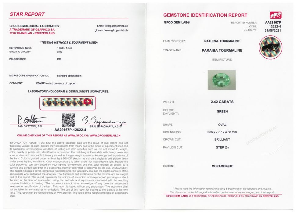 Certificate Paraiba tourmaline, oval cut 2.42 ct