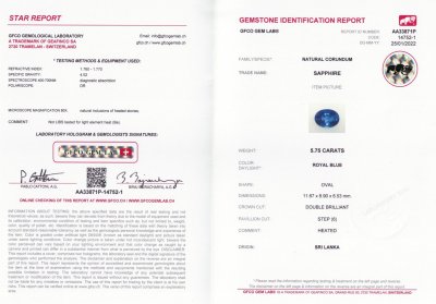 Certificate Blue sapphire Royal Blue oval cut 5.75 ct, Sri Lanka
