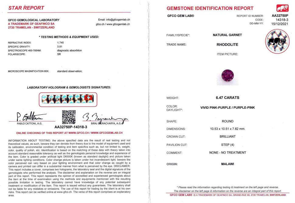 Certificate Intense rhodolite round cut 6.47 ct, Malawi