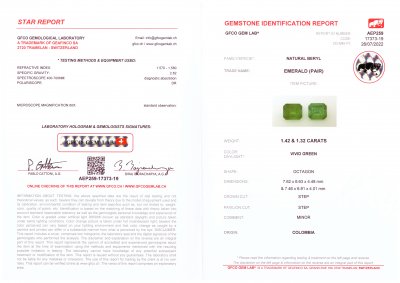 Certificate Pair of Colombian emeralds Vivid Green 2.74 ct