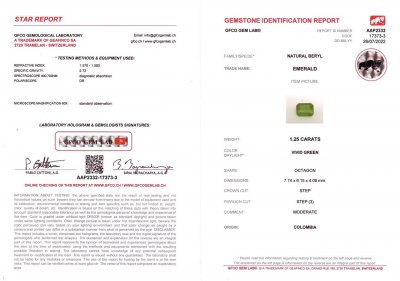 Certificate Colombian Vivid Green Emerald 1.25 ct