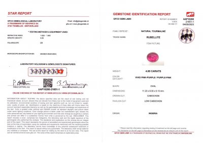 Certificate Bright saturated rubellite cabochon cut 4.00 ct, Nigeria