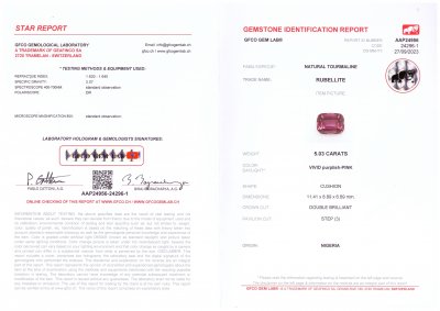 Certificate Rubellite rose riche taille coussin 5,03 carats, Nigeria