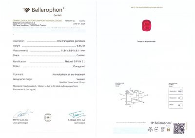 Certificate Sammlerstück, leuchtend scharlachrot, leuchtend roter Spinell im Kissenschliff, 6,81 Karat, Vietnam 