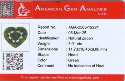 Certificate Green zircon in heart shape 7.01 Carats