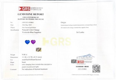 Certificate Unheated sapphire  color change heart shape 9.08 carats, Sri Lanka