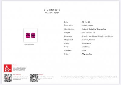 Certificate Par de turmalinas rubelitas de talla cojín de color rosa intenso, 5,96 carats, Afganistán