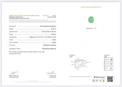 Certificate Diamant Paraiba vert néon, taille coussin, 4,30 carats, Mozambique