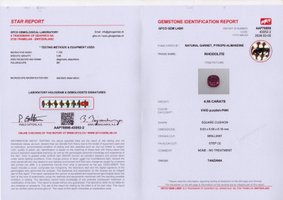 Certificate Rhodolith granat kissenförmiger 4,55 karat, Tansania