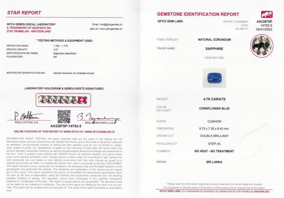 Certificate Unheated Cushion Cut Cornflower Sapphire 4.76 ct, Sri Lanka