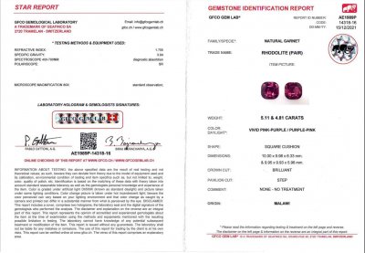 Certificate Pair of cushion cut rhodolites 9.92 ct, Malawi