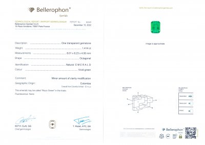 Certificate Intense Colombian "Muzo Green" Emerald octagon cut 1.41 ct
