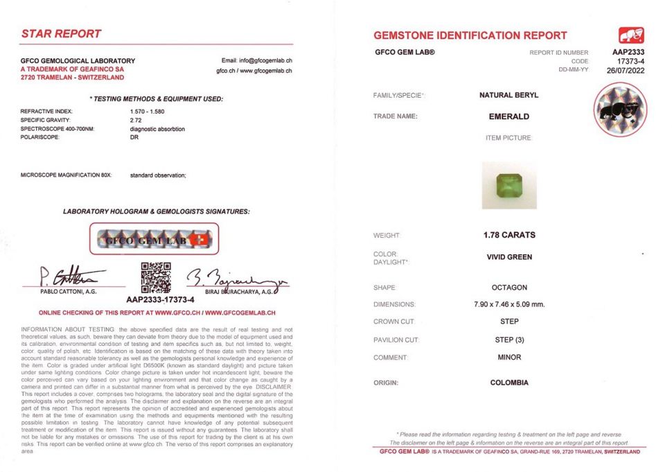 Certificate Colombian emerald 1.78 ct octagon cut
