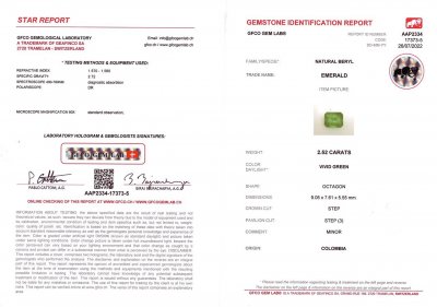Certificate Colombian Vivid Green Emerald in octagon cut 2.52 ct