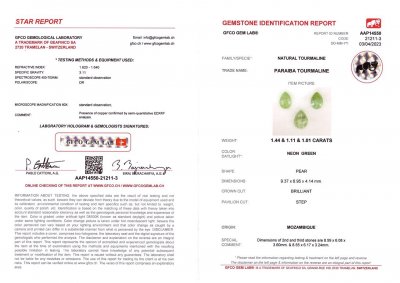 Certificate Set of pear cut green Paraiba tourmalines 3.56 ct, Mozambique