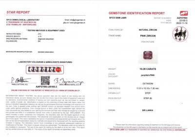 Certificate Riche jacinthe rouge zircon taille octogonale 10,29 carats