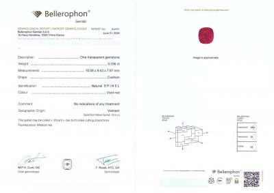 Certificate Spinelle rouge vif unique taille coussin rouge vif 5,33 carats, Vietnam 