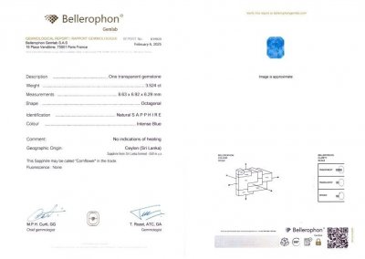 Certificate Zafiro azul intenso de talla octagonal sin calentar, 3,52 quilates, Sri Lanka