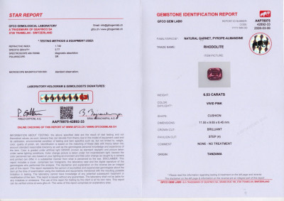 Certificate Rhodolith-granat kissenförmiger, leuchtend rosa 6,53 karat,Tansania
