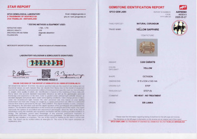 Certificate Unheated yellow sapphire in octagon cut 3.04 carats, Sri Lanka