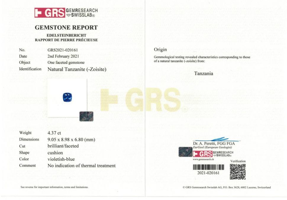Certificate Unheated cushion-cut tanzanite, 4.37 ct, GRS