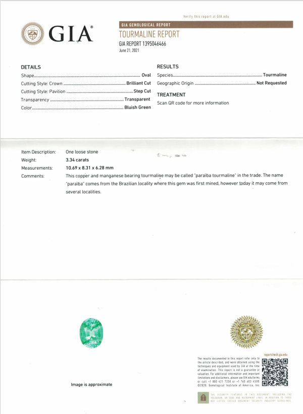 Certificate Paraiba tourmaline, oval cut 3.34 ct