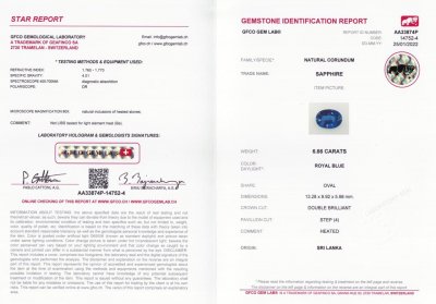 Certificate Royal Blue oval cut sapphire 6.66 ct, Sri Lanka