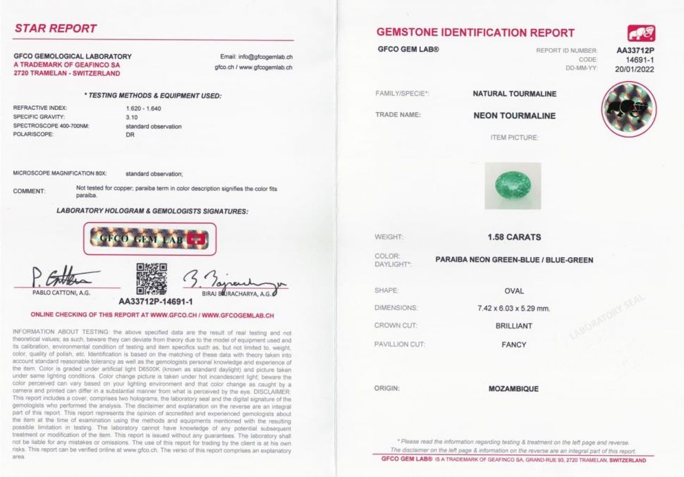 Certificate Paraiba neon tourmaline oval cut 1.58 ct, Mozambique