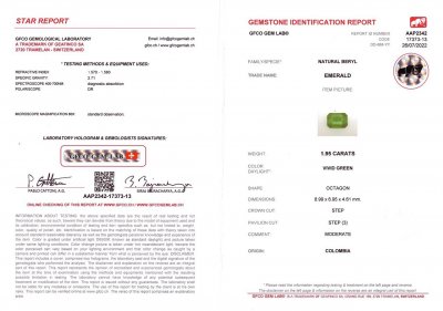 Certificate Colombian emerald Vivid Green 1.95 ct octagon cut