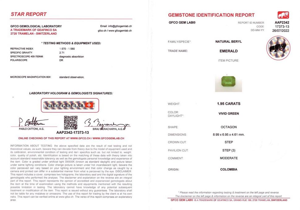 Certificate Colombian emerald 1.95 ct octagon cut