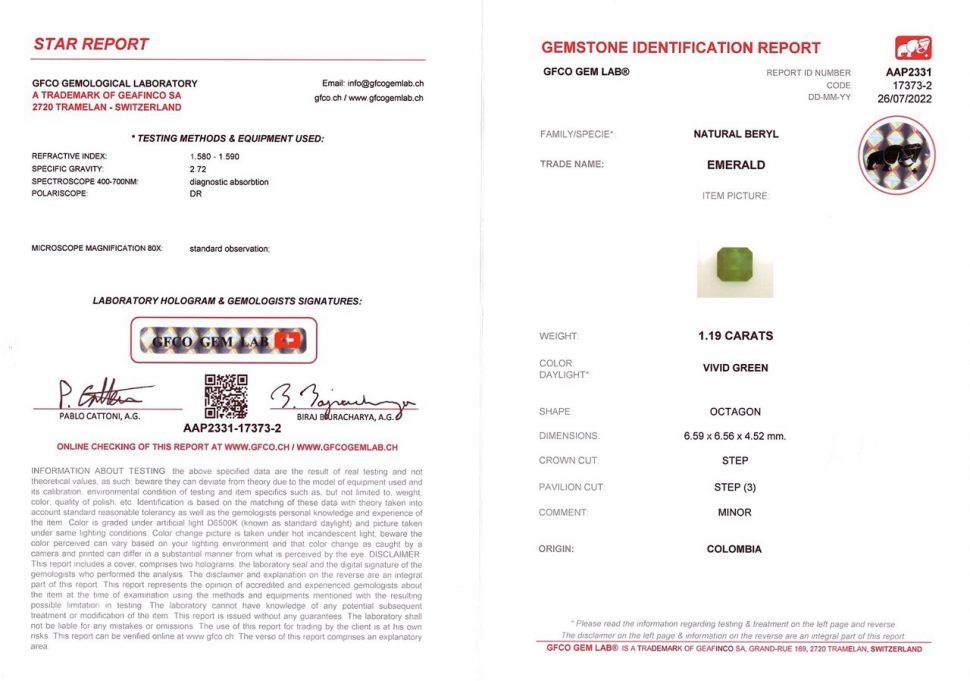 Certificate Intense Colombian emerald 1.19 ct