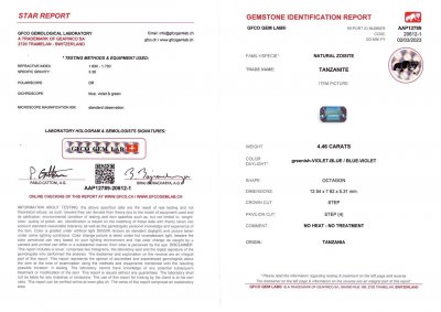 Certificate Unheated octagon cut tanzanite 4.46 ct, Tanzania