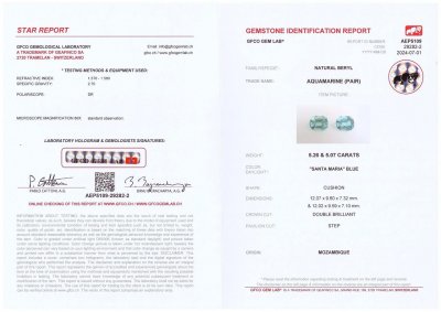 Certificate Paar große Santa Maria Aquamarine im Kissenschliff, 10,33 Karat, Afrika