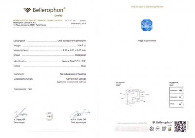Certificate Zafiro azul de talla radiante sin calentar de 3,54 quilates, Sri Lanka