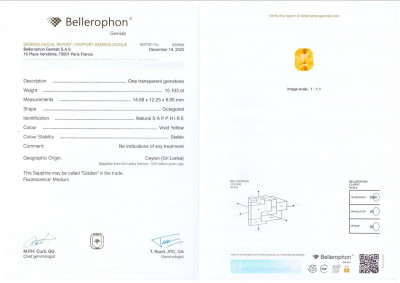 Certificate Zafiro octagonal amarillo intenso sin calentar de 15,10 quilates, Sri Lanka