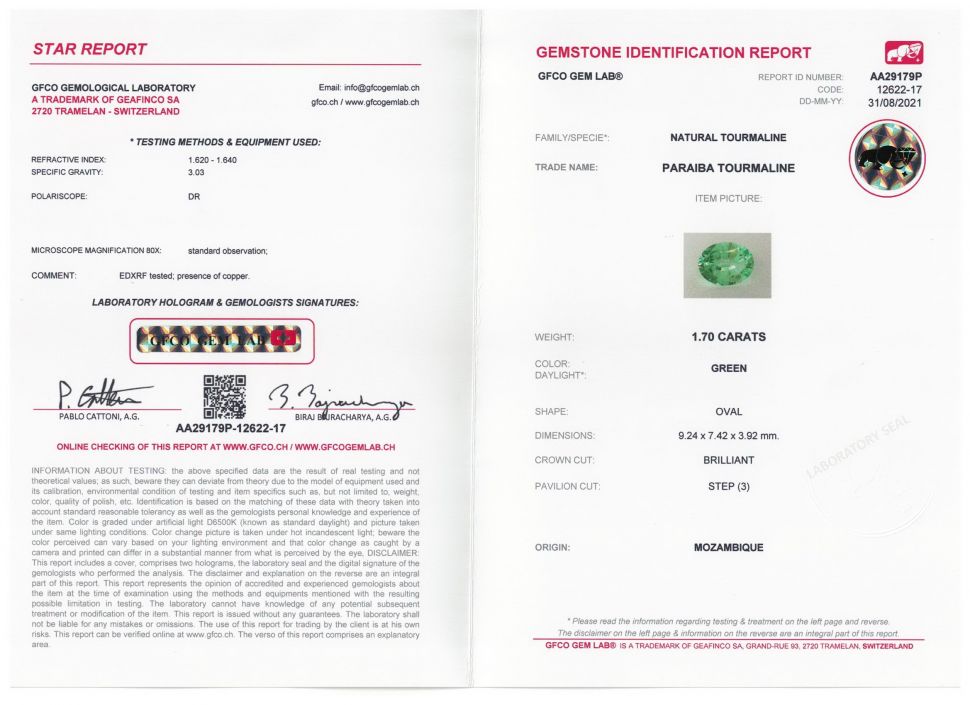 Certificate Paraiba tourmaline, oval cut 1.70 ct
