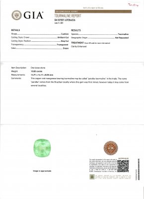 Certificate Cushion cut Paraiba tourmaline 10.83 ct, GIA