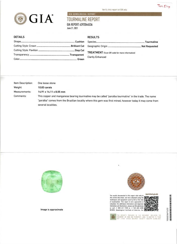 Certificate Cushion-cut Paraiba tourmaline 10.83 ct, GIA