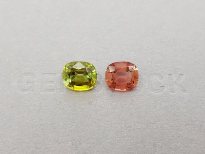 Contrasting pair of green and pink cushion cut tourmalines 6.59 ct photo