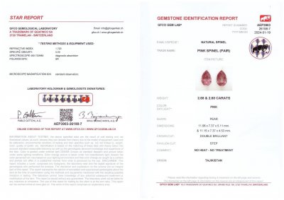 Certificate Pair of pink spinels in pear cut 5.26 carats, Tajikistan