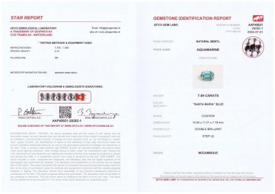 Certificate Satte Aquamarinfarbe „Santa Maria“, Kissenschliff 7,59 Karat, Afrika