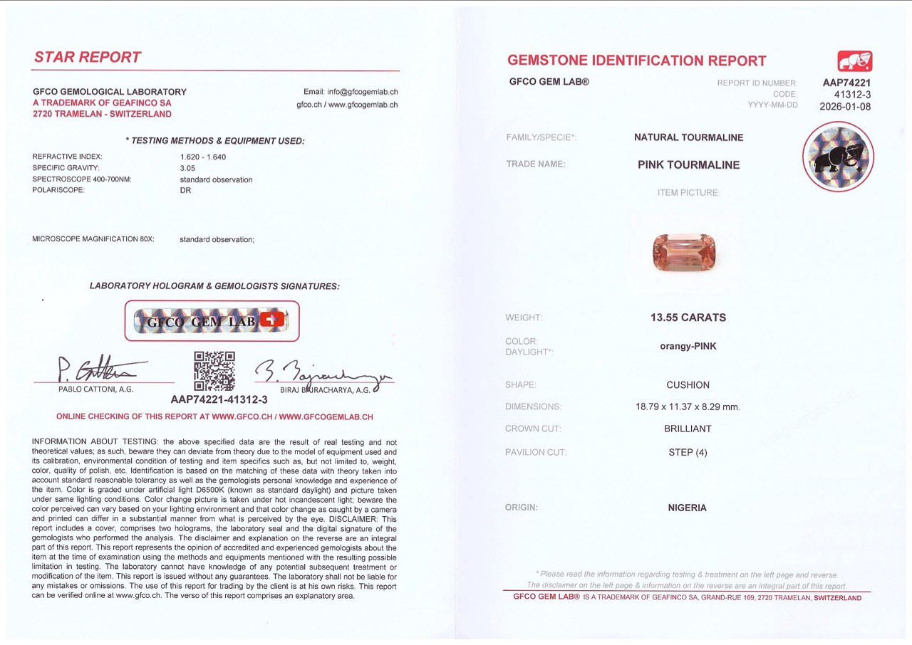 Tourmaline rose-orange taille coussin, 13,55 carats, Nigéria Image №6