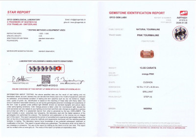 Certificate Tourmaline rose-orange taille coussin, 13,55 carats, Nigéria