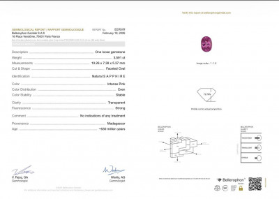 Certificate Saphir ovale rose intense non chauffé de 3,59 carats, Madagascar