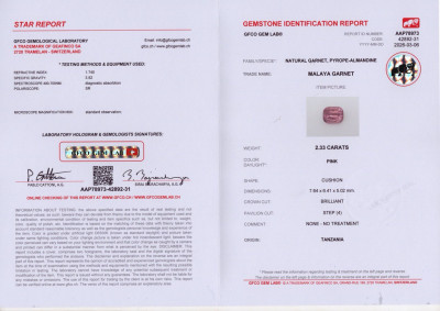 Certificate Malaya-granat kissenförmiger 2,33 karat, Tansania 