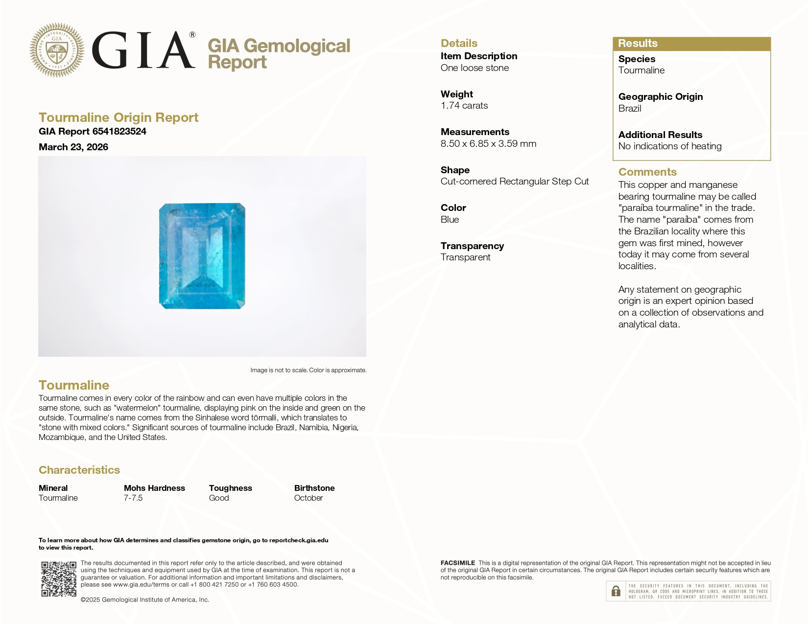 Unheated tourmaline Paraiba octagon cut 1.74 carats, Brazil  Image №6